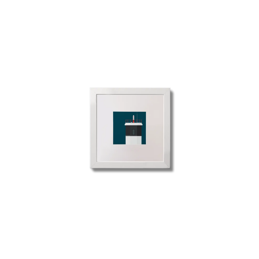 Contemporary wall art Rue Point lighthouse on a midnight blue background,  in a white square frame measuring 10x10cm.