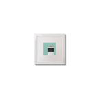 Illustration Rue Point lighthouse on an ocean green background,  in a white square frame measuring 10x10cm.