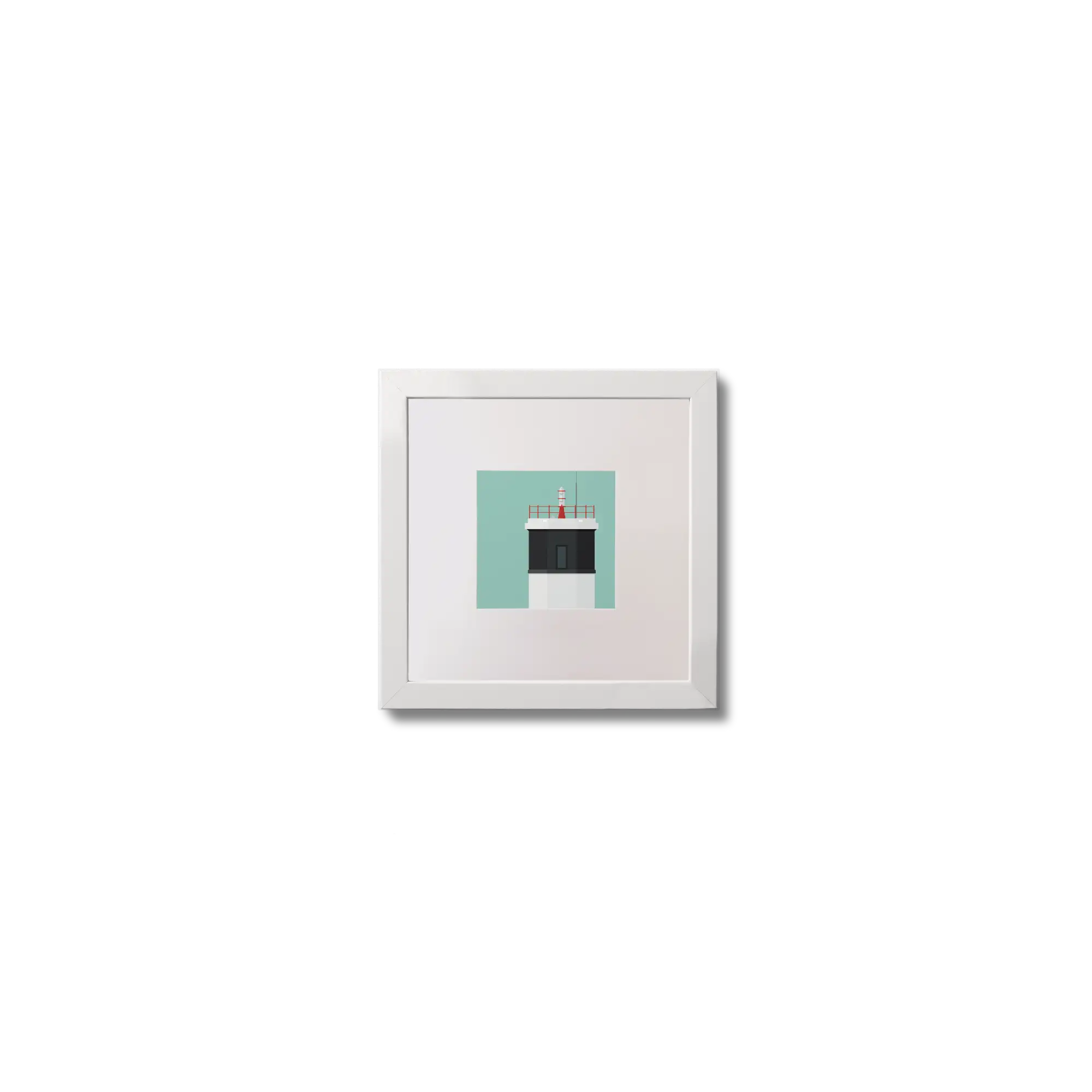 Illustration Rue Point lighthouse on an ocean green background,  in a white square frame measuring 10x10cm.
