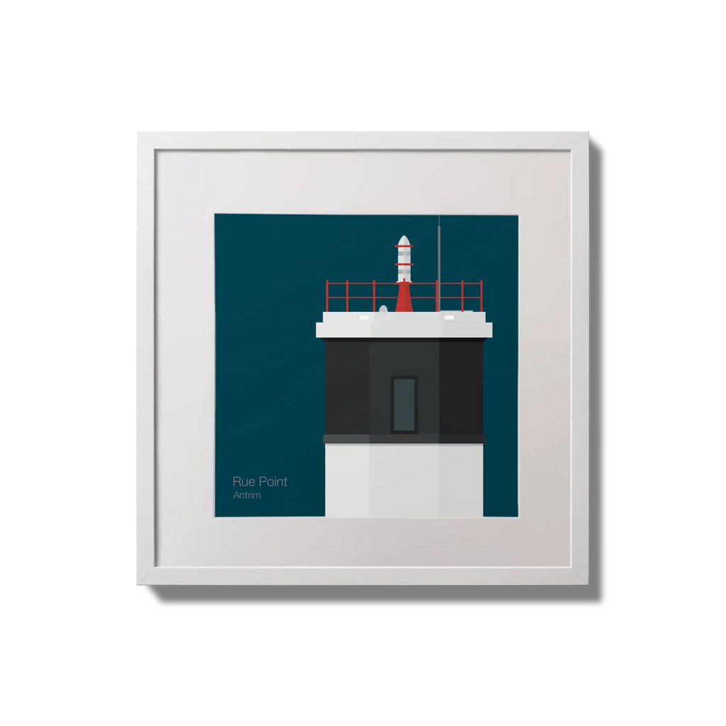 Framed wall art decoration Rue Point lighthouse on a midnight blue background,  in a white square frame measuring 20x20cm.