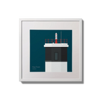 Framed wall art decoration Rue Point lighthouse on a midnight blue background,  in a white square frame measuring 20x20cm.