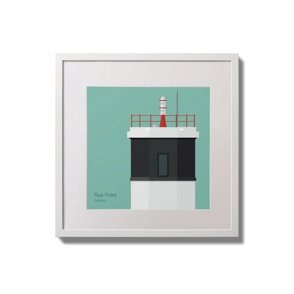 Contemporary wall hanging Rue Point lighthouse on an ocean green background,  in a white square frame measuring 20x20cm.