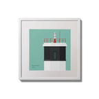 Contemporary wall hanging Rue Point lighthouse on an ocean green background,  in a white square frame measuring 20x20cm.