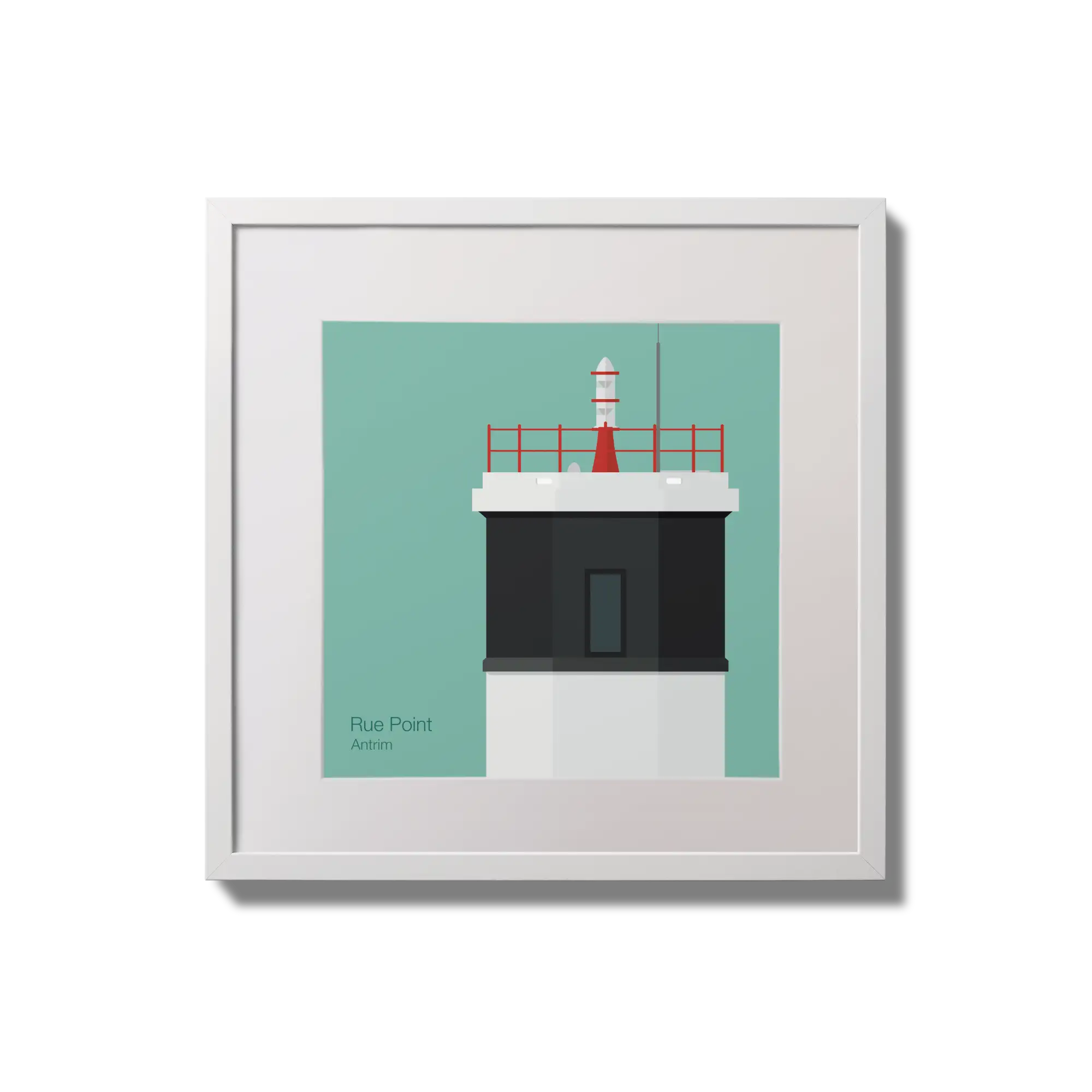 Contemporary wall hanging Rue Point lighthouse on an ocean green background,  in a white square frame measuring 20x20cm.