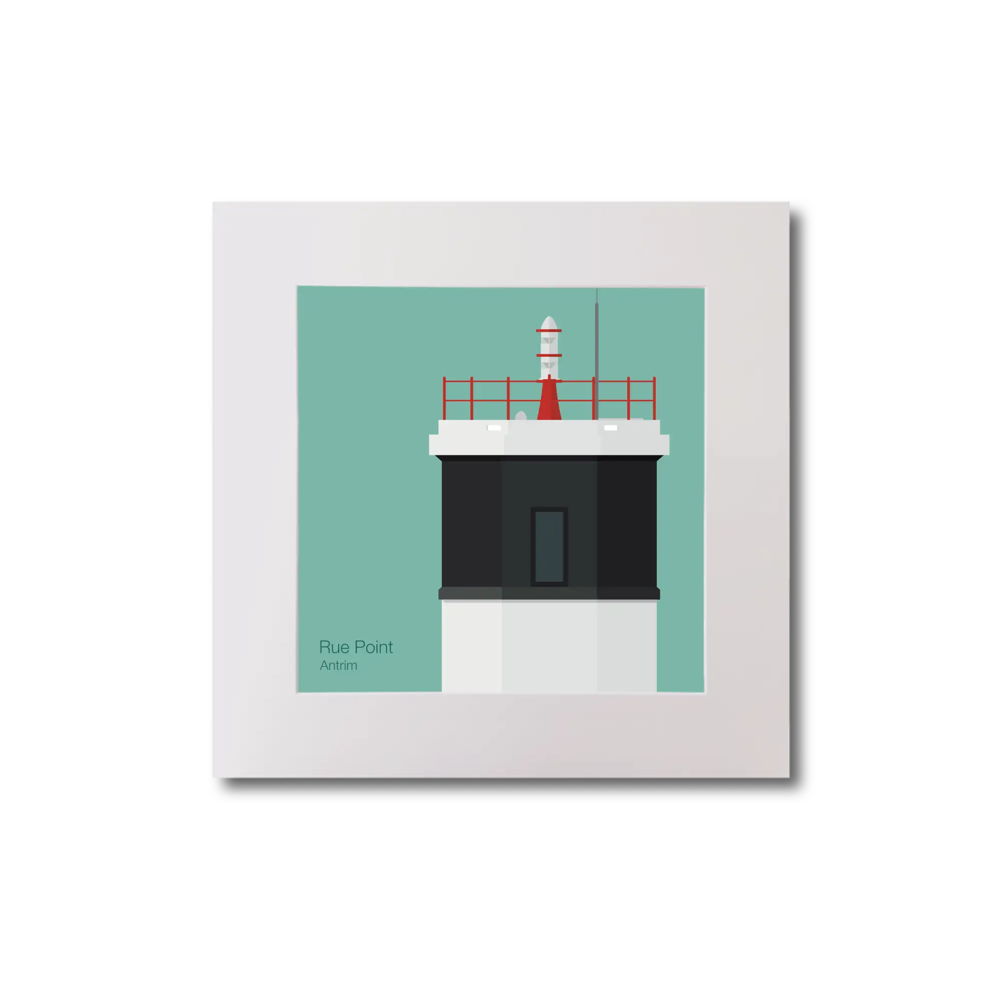 Illustration Rue_Point lighthouse on an ocean green background, mounted and measuring 20x20cm.