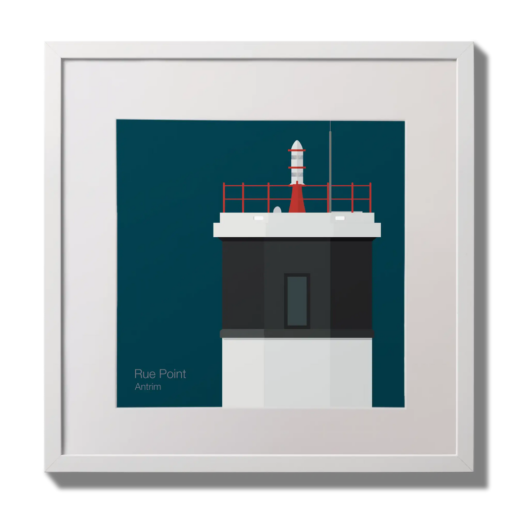 Illustration Rue Point lighthouse on a midnight blue background,  in a white square frame measuring 30x30cm.