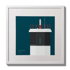 Illustration Rue Point lighthouse on a midnight blue background,  in a white square frame measuring 30x30cm.