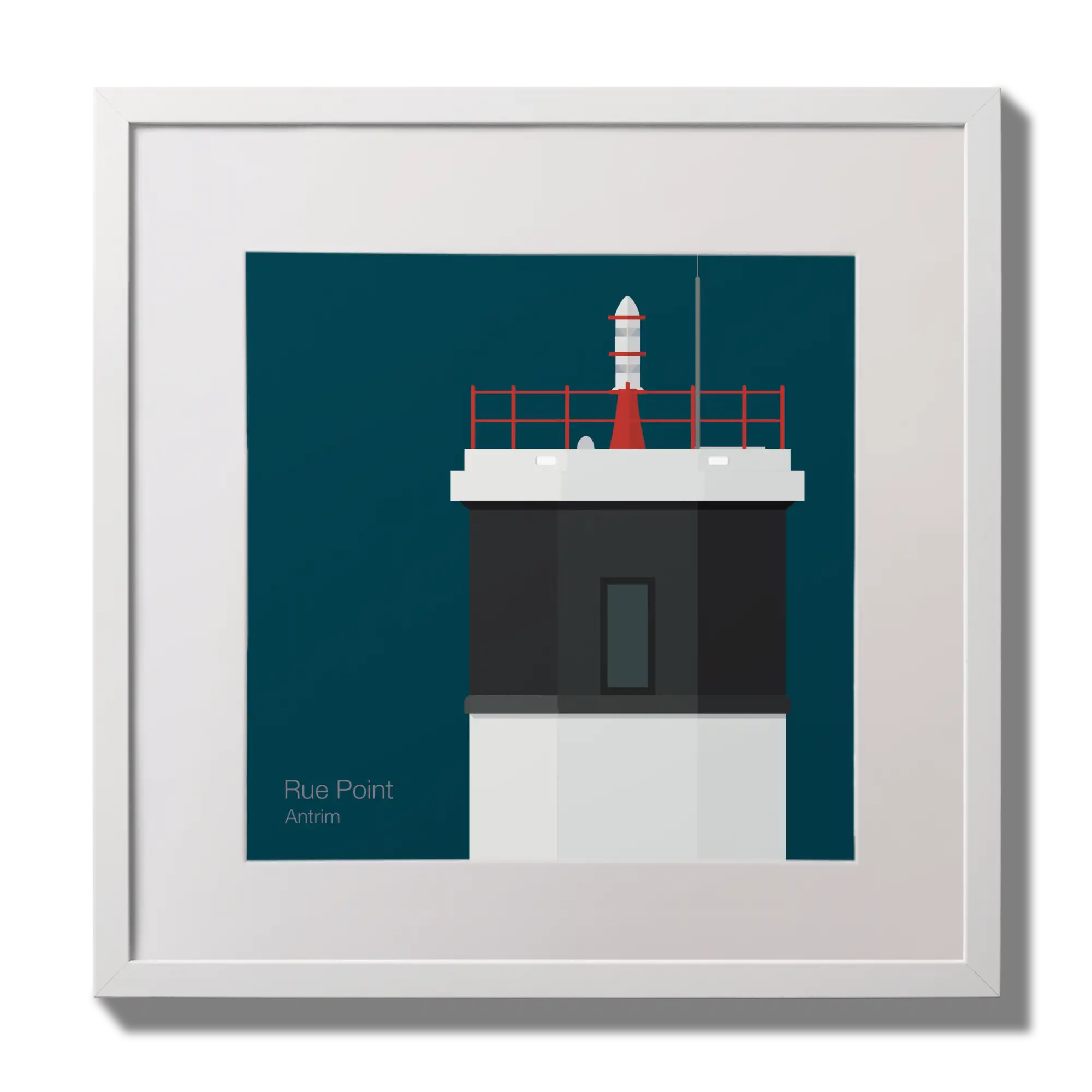 Illustration Rue Point lighthouse on a midnight blue background,  in a white square frame measuring 30x30cm.