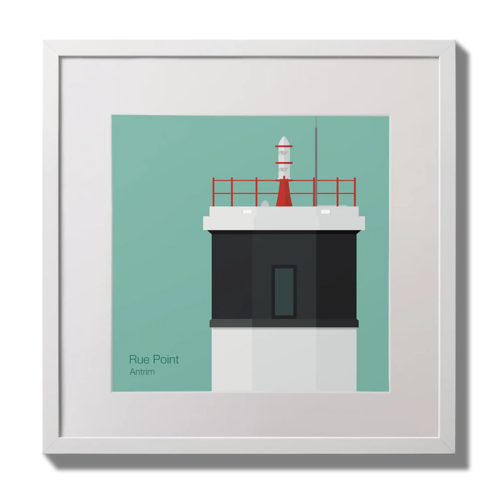 Illustration Rue Point lighthouse on an ocean green background,  in a white square frame measuring 30x30cm.