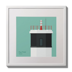 Illustration Rue Point lighthouse on an ocean green background,  in a white square frame measuring 30x30cm.