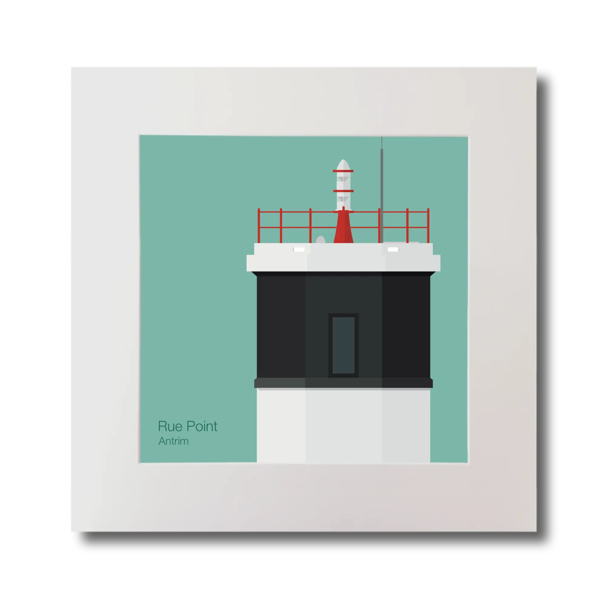 Illustration Rue Point lighthouse on an ocean green background, mounted and measuring 30x30cm.