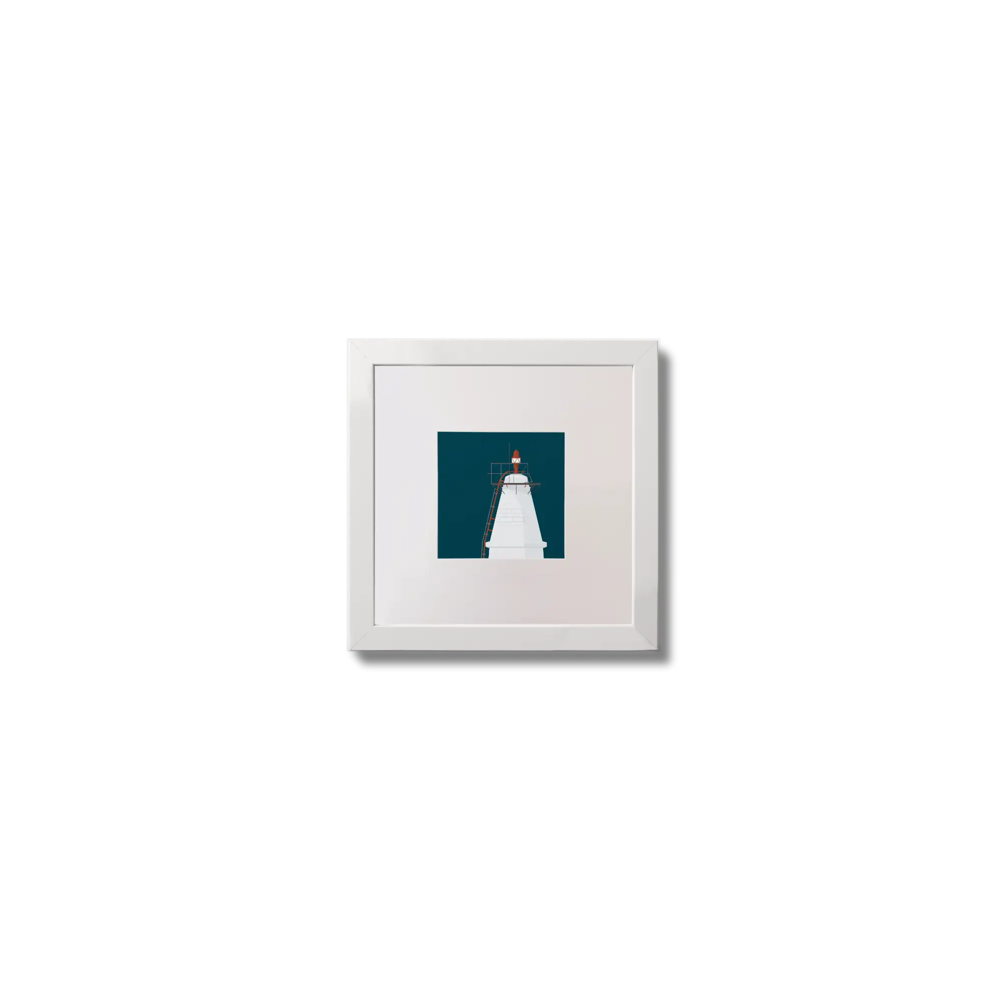 Contemporary wall art Copper Point lighthouse on a midnight blue background,  in a white square frame measuring 10x10cm.