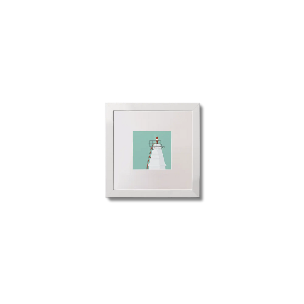 Illustration Copper Point lighthouse on an ocean green background,  in a white square frame measuring 10x10cm.