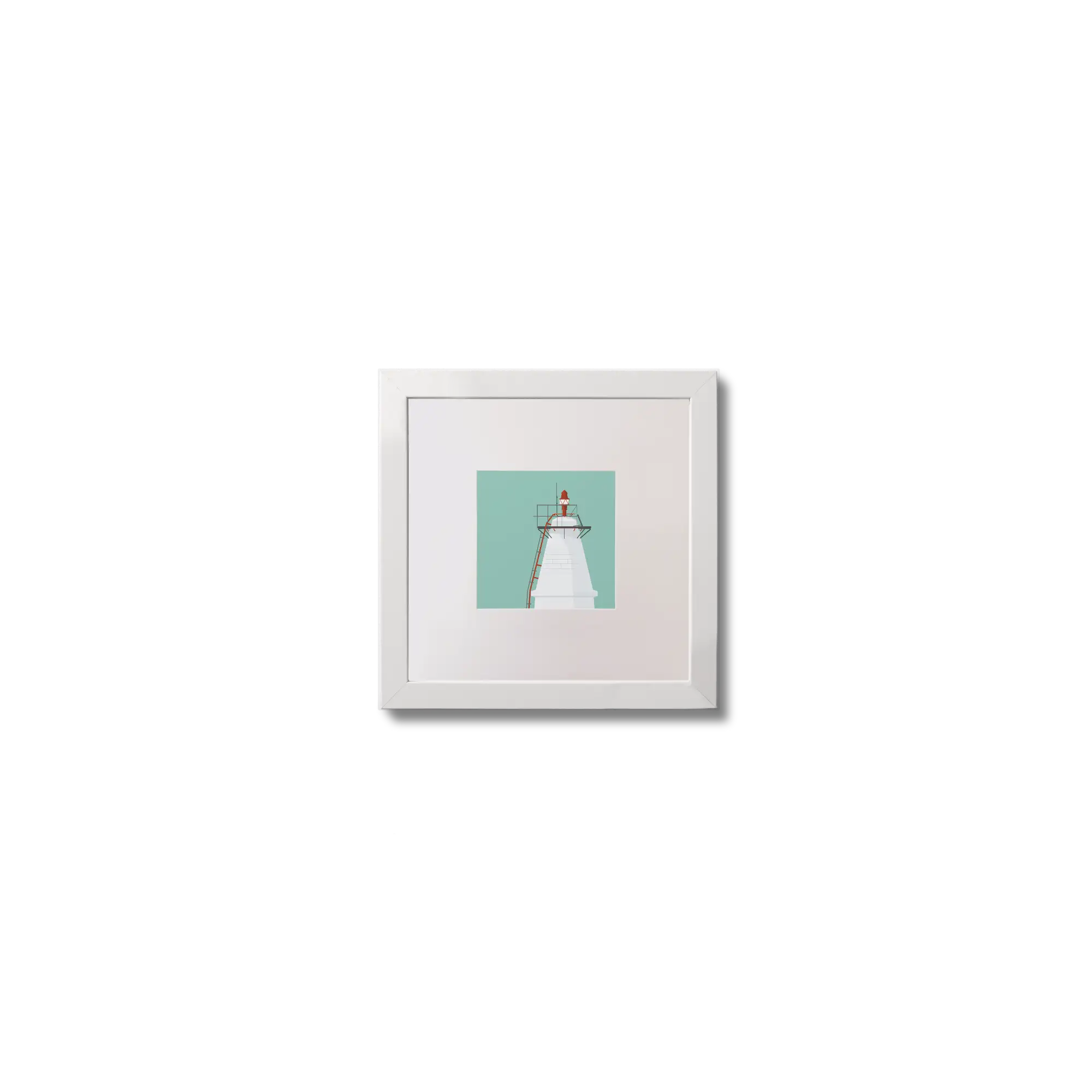 Illustration Copper Point lighthouse on an ocean green background,  in a white square frame measuring 10x10cm.