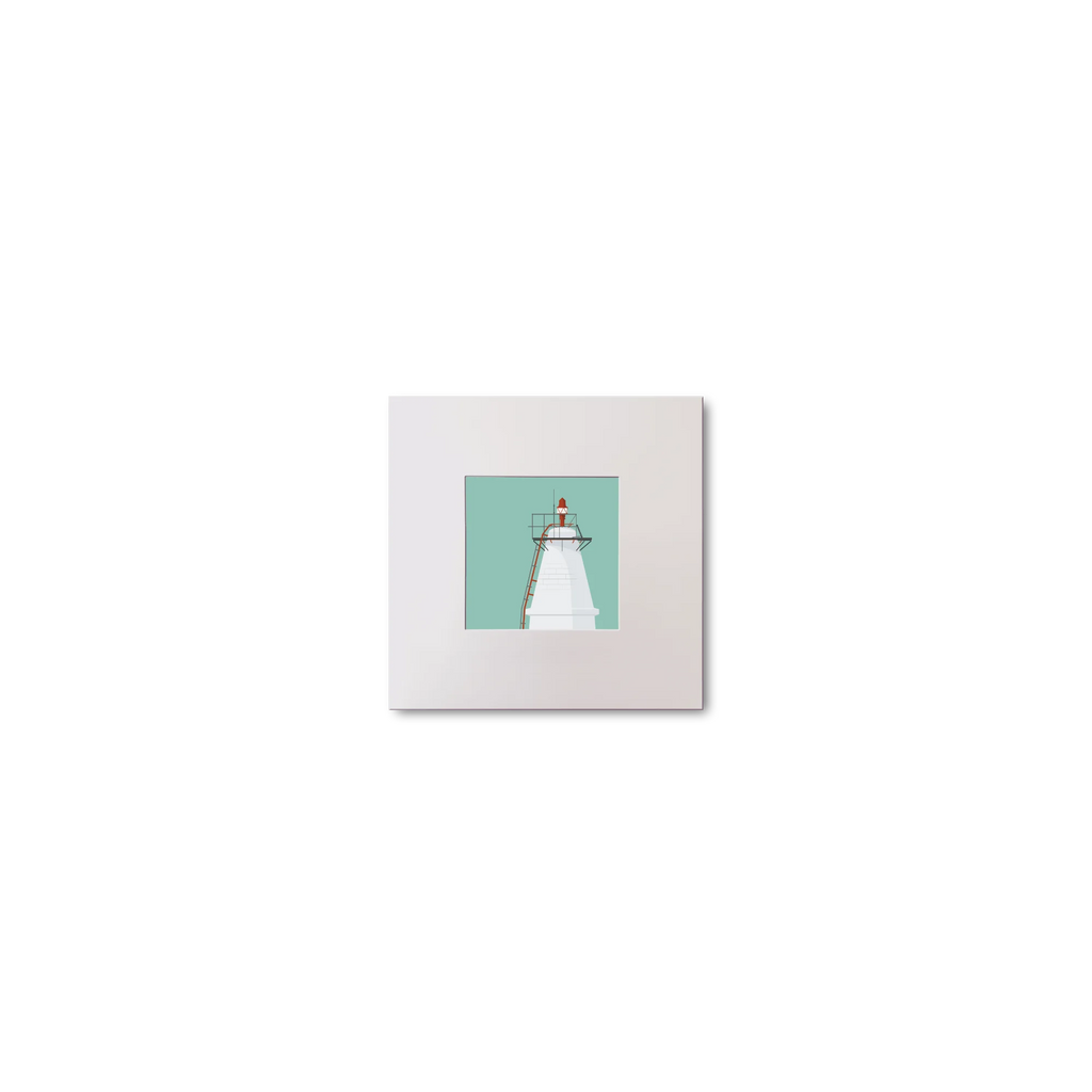 Illustration Copper Point lighthouse on an ocean green background, mounted and measuring 10x10cm.