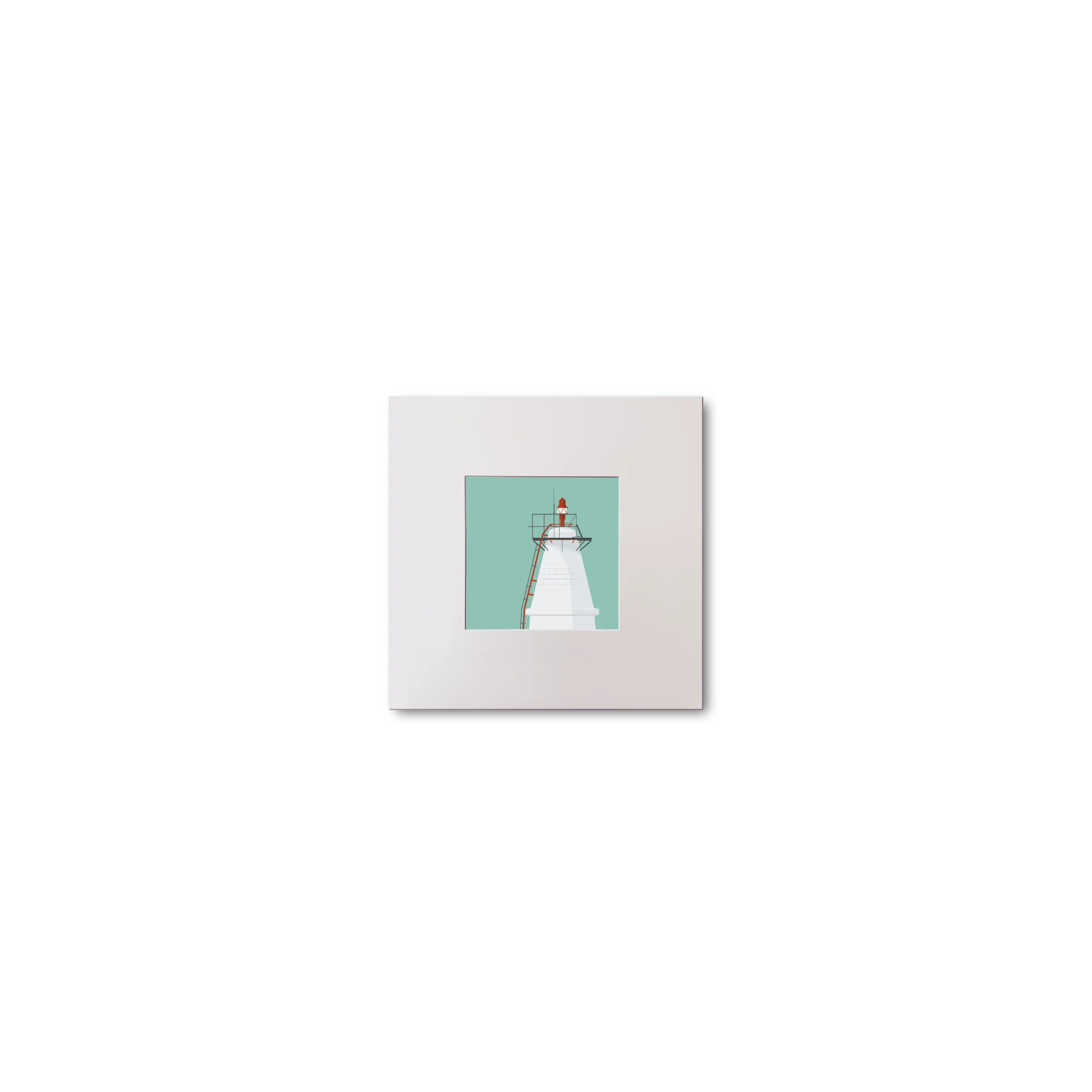 Illustration Copper Point lighthouse on an ocean green background, mounted and measuring 10x10cm.