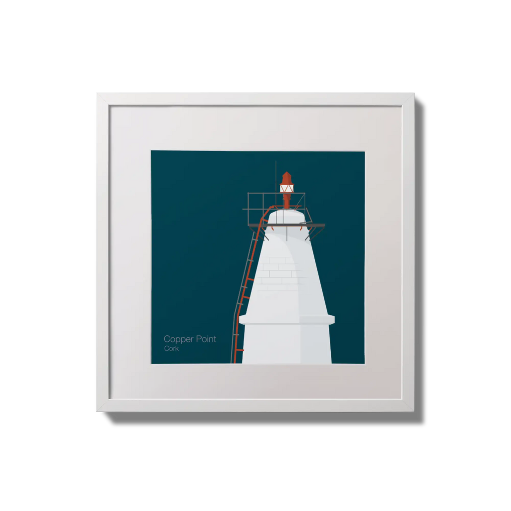 Framed wall art decoration Copper Point lighthouse on a midnight blue background,  in a white square frame measuring 20x20cm.