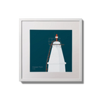 Framed wall art decoration Copper Point lighthouse on a midnight blue background,  in a white square frame measuring 20x20cm.