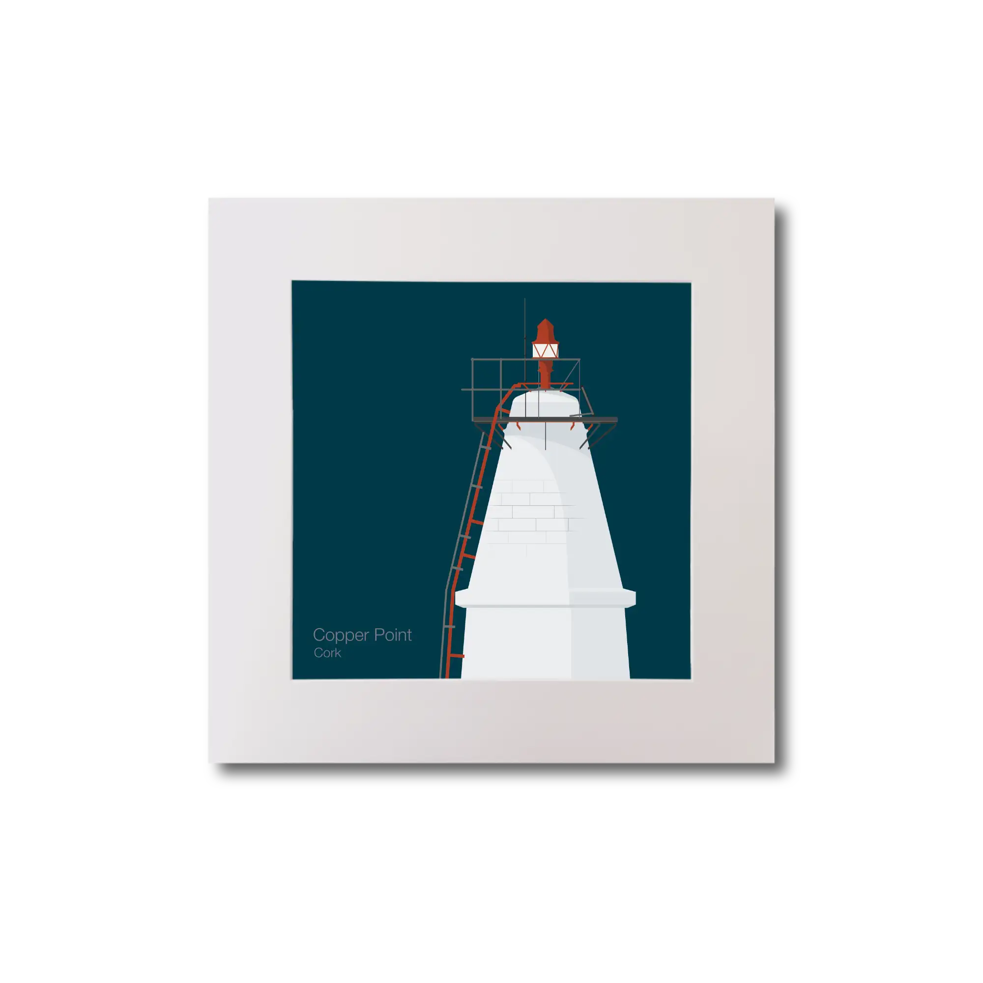 Illustration Copper Point lighthouse on a midnight blue background, mounted and measuring 20x20cm.
