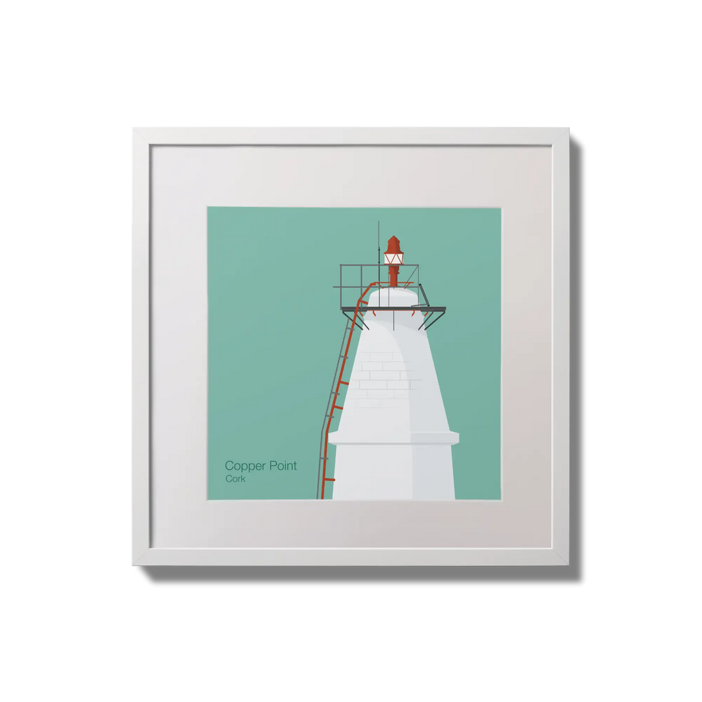Contemporary wall hanging Copper Point lighthouse on an ocean green background,  in a white square frame measuring 20x20cm.