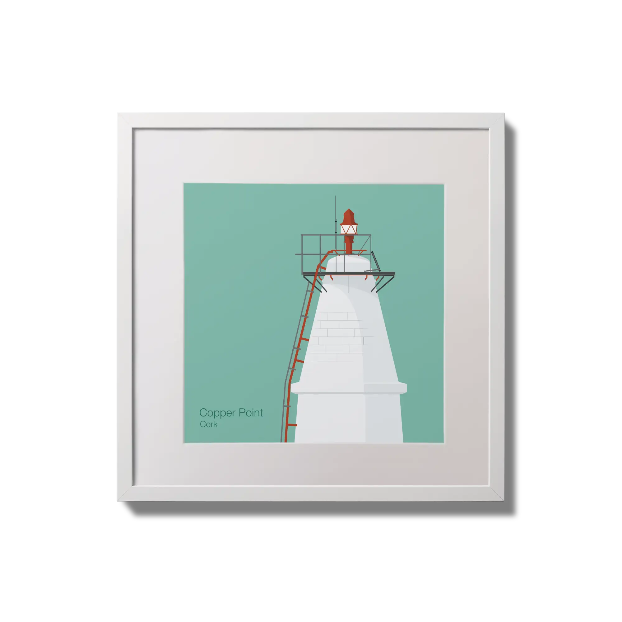 Contemporary wall hanging Copper Point lighthouse on an ocean green background,  in a white square frame measuring 20x20cm.