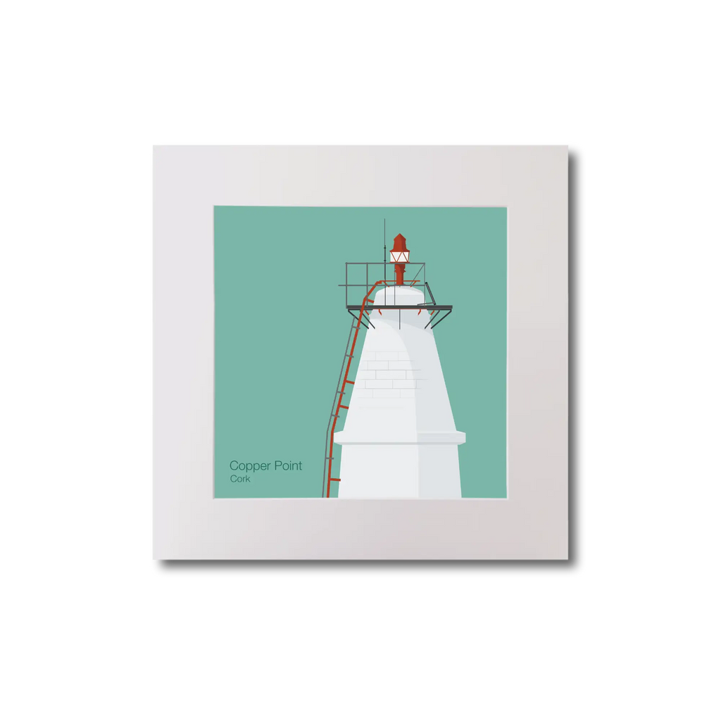 Illustration Copper_Point lighthouse on an ocean green background, mounted and measuring 20x20cm.