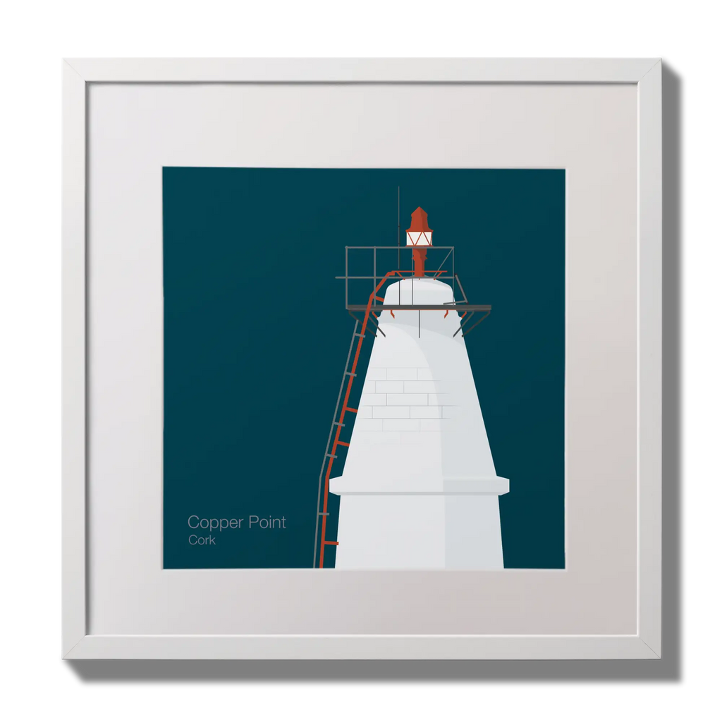 Illustration Copper Point lighthouse on a midnight blue background,  in a white square frame measuring 30x30cm.