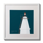 Illustration Copper Point lighthouse on a midnight blue background,  in a white square frame measuring 30x30cm.