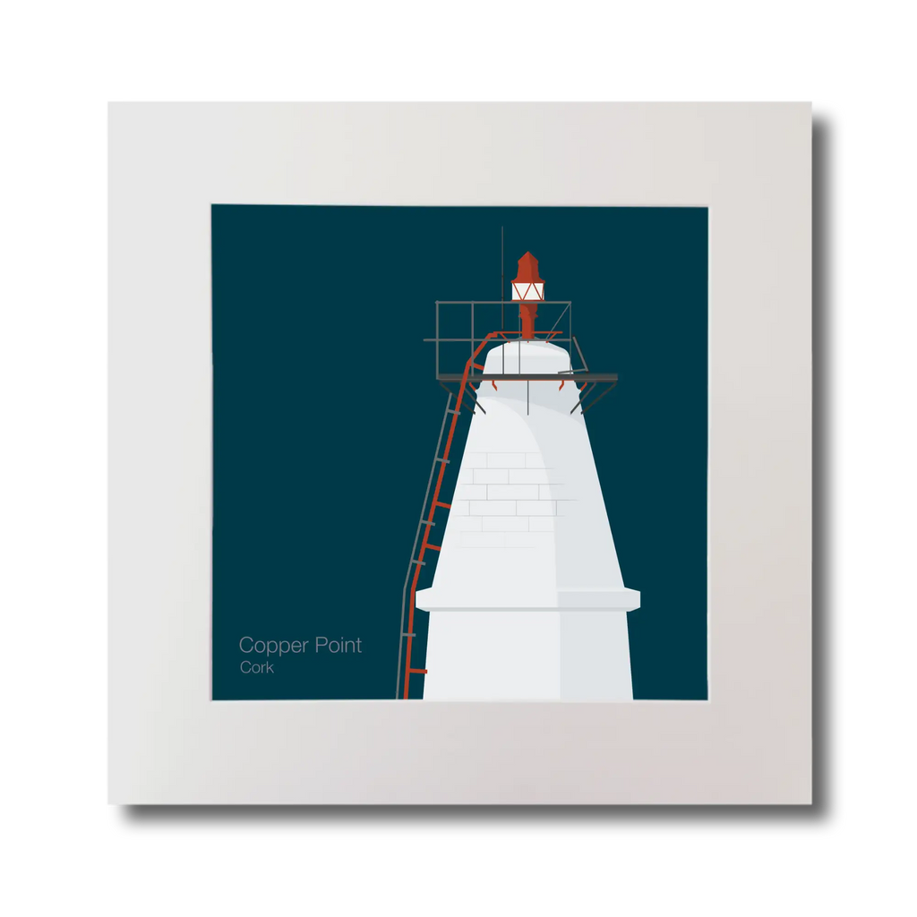 Illustration Copper Point lighthouse on a midnight blue background, mounted and measuring 30x30cm.
