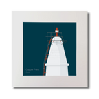 Illustration Copper Point lighthouse on a midnight blue background, mounted and measuring 30x30cm.
