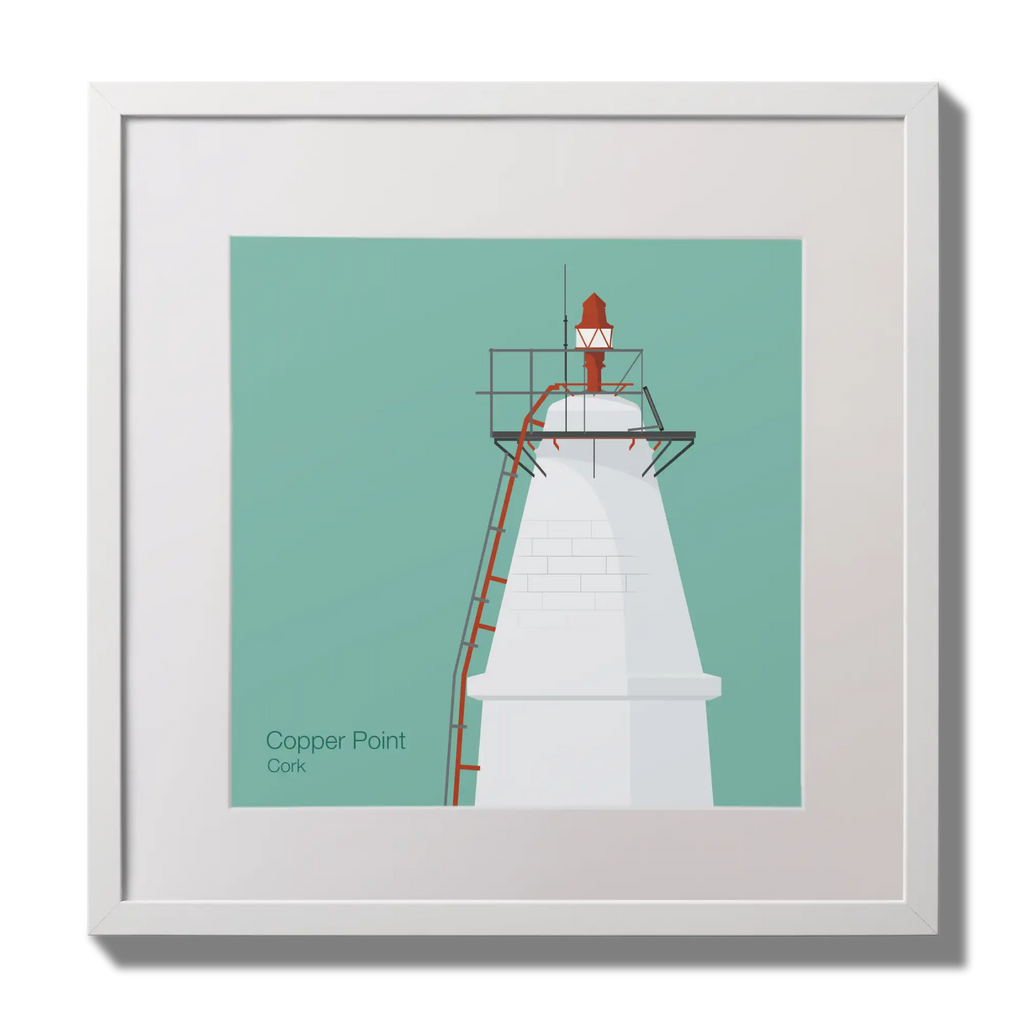 Illustration Copper Point lighthouse on an ocean green background,  in a white square frame measuring 30x30cm.