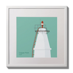 Illustration Copper Point lighthouse on an ocean green background,  in a white square frame measuring 30x30cm.