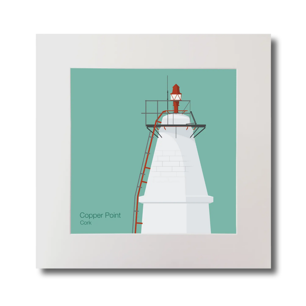 Illustration Copper Point lighthouse on an ocean green background, mounted and measuring 30x30cm.
