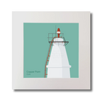 Illustration Copper Point lighthouse on an ocean green background, mounted and measuring 30x30cm.