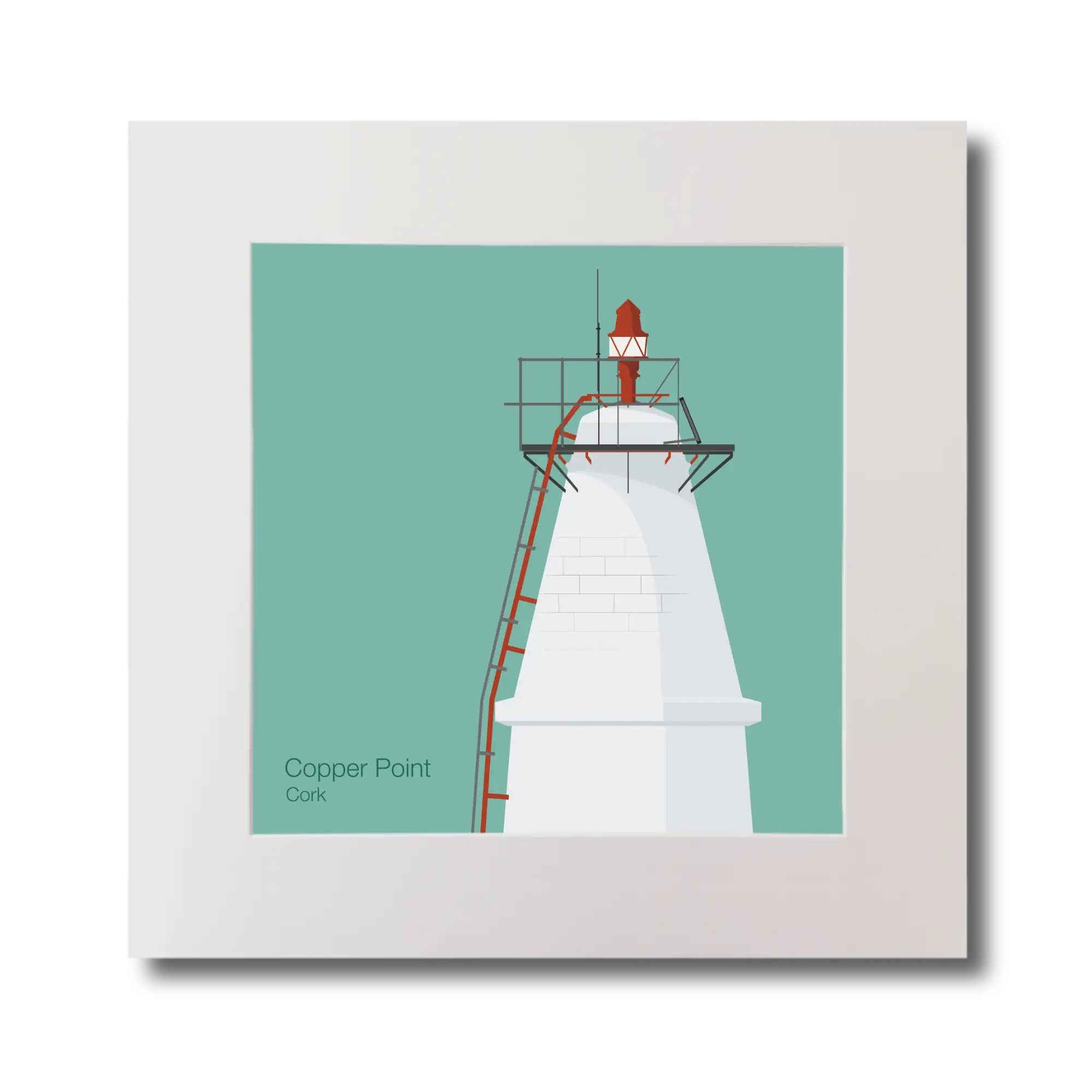 Illustration Copper Point lighthouse on an ocean green background, mounted and measuring 30x30cm.