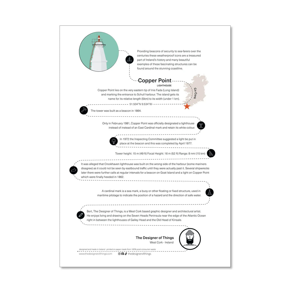 Copper Point lighthouse, County Cork, Ireland info sheet
