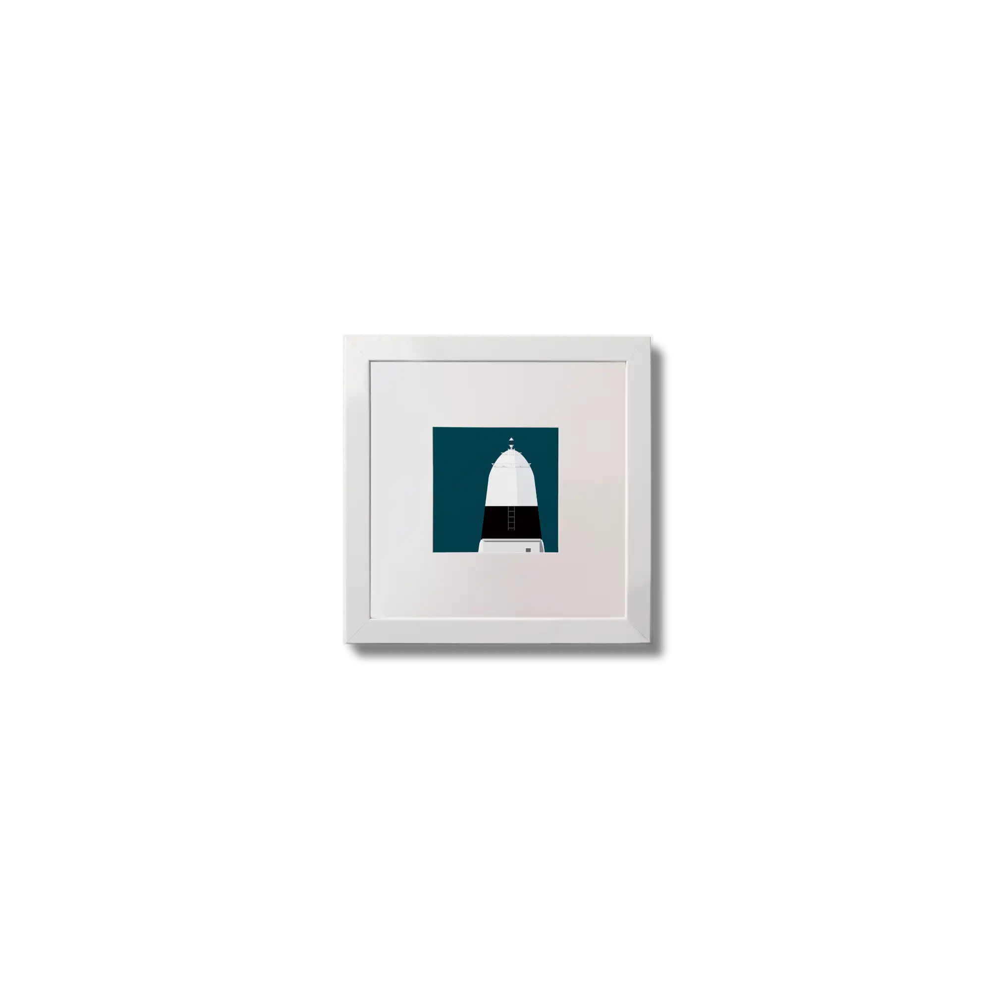 Contemporary wall art Ballagh Rocks lighthouse on a midnight blue background,  in a white square frame measuring 10x10cm.