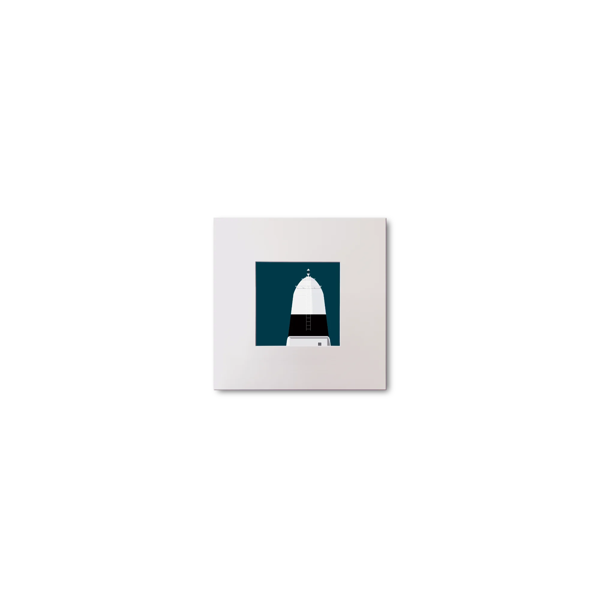 Illustration Ballagh Rocks lighthouse on a midnight blue background, mounted and measuring 10x10cm.