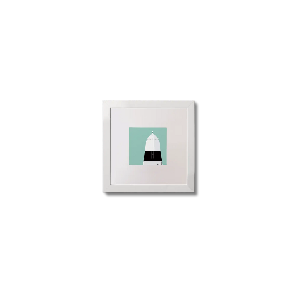 Illustration Ballagh Rocks lighthouse on an ocean green background,  in a white square frame measuring 10x10cm.
