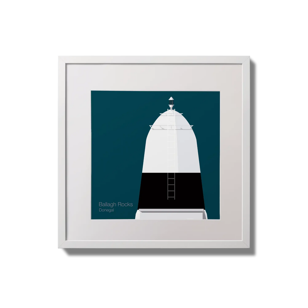 Framed wall art decoration Ballagh Rocks lighthouse on a midnight blue background,  in a white square frame measuring 20x20cm.