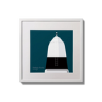 Framed wall art decoration Ballagh Rocks lighthouse on a midnight blue background,  in a white square frame measuring 20x20cm.