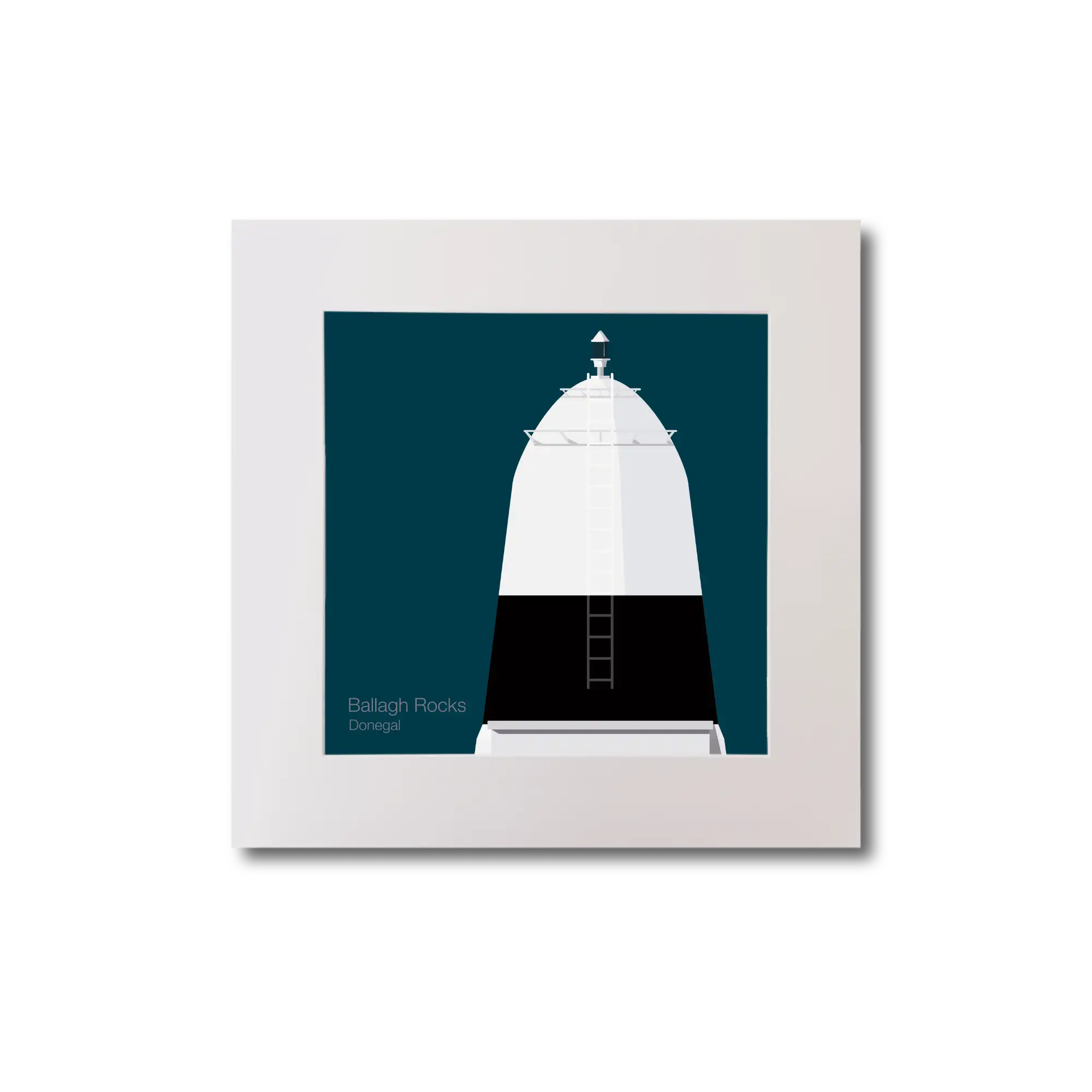 Illustration Ballagh Rocks lighthouse on a midnight blue background, mounted and measuring 20x20cm.