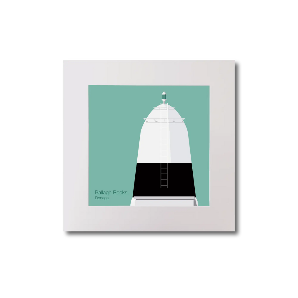 Illustration Ballagh_Rocks lighthouse on an ocean green background, mounted and measuring 20x20cm.