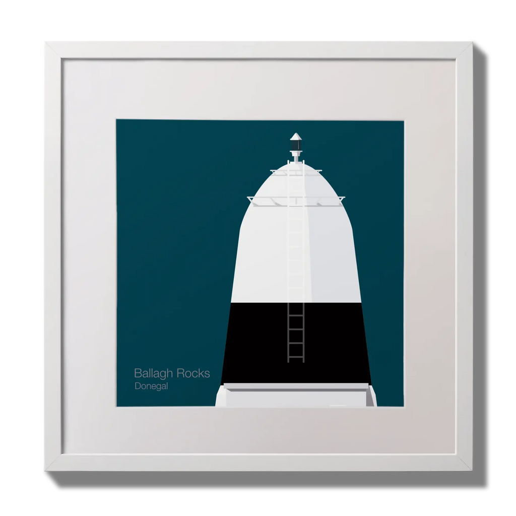 Illustration Ballagh Rocks lighthouse on a midnight blue background,  in a white square frame measuring 30x30cm.