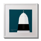 Illustration Ballagh Rocks lighthouse on a midnight blue background,  in a white square frame measuring 30x30cm.