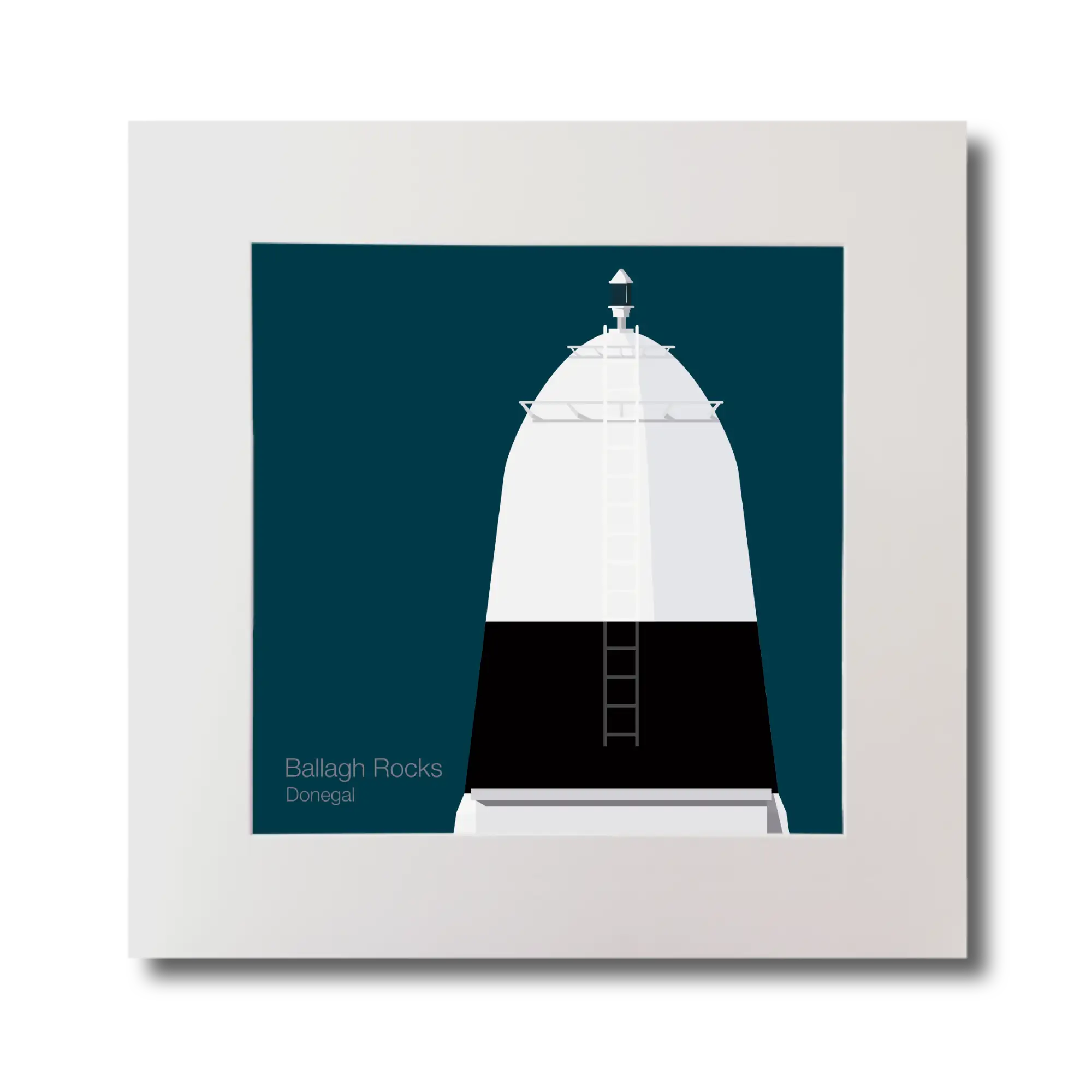 Illustration Ballagh Rocks lighthouse on a midnight blue background, mounted and measuring 30x30cm.