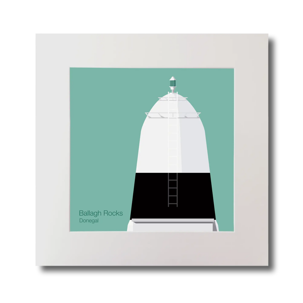 Illustration Ballagh Rocks lighthouse on an ocean green background, mounted and measuring 30x30cm.