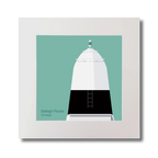 Illustration Ballagh Rocks lighthouse on an ocean green background, mounted and measuring 30x30cm.
