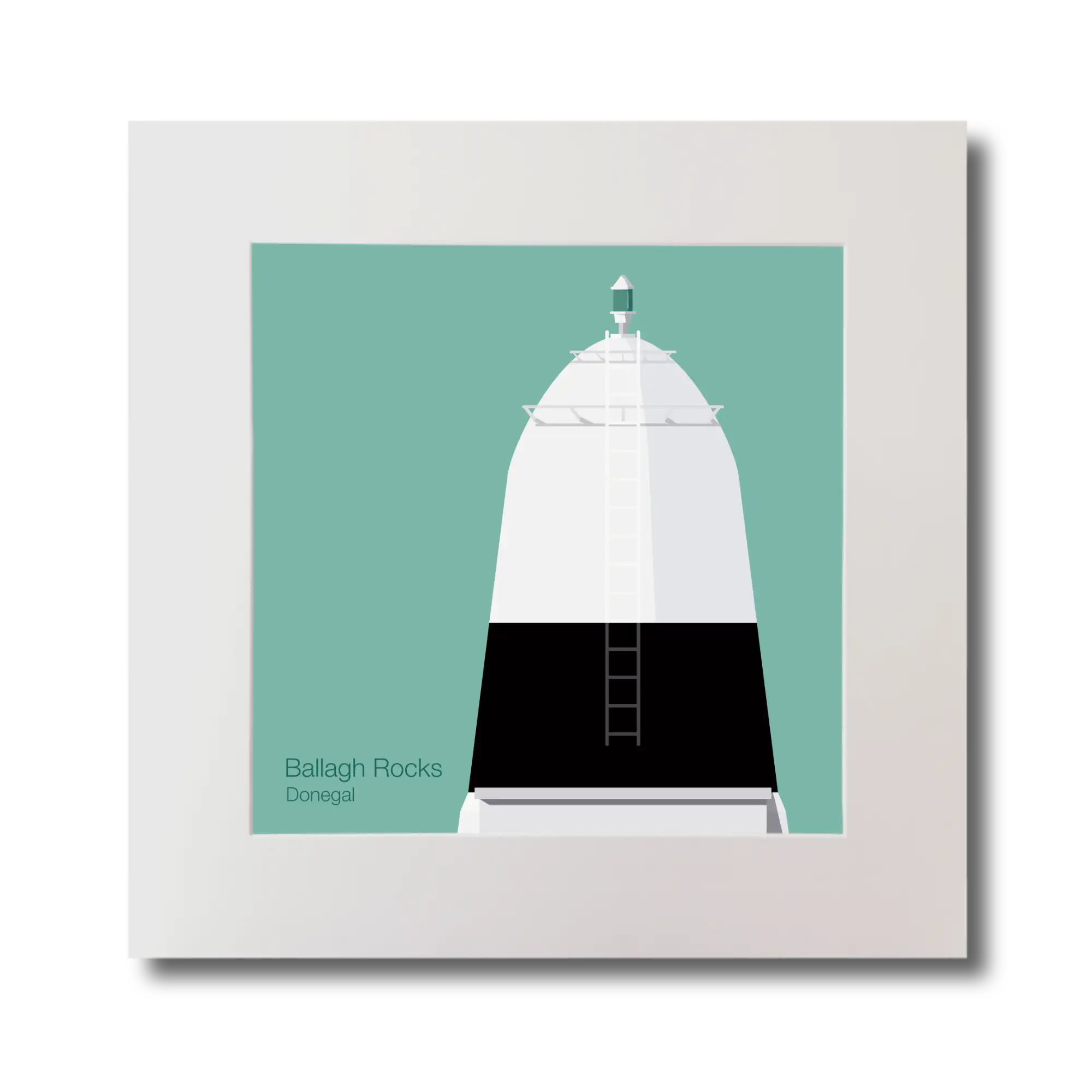 Illustration Ballagh Rocks lighthouse on an ocean green background, mounted and measuring 30x30cm.