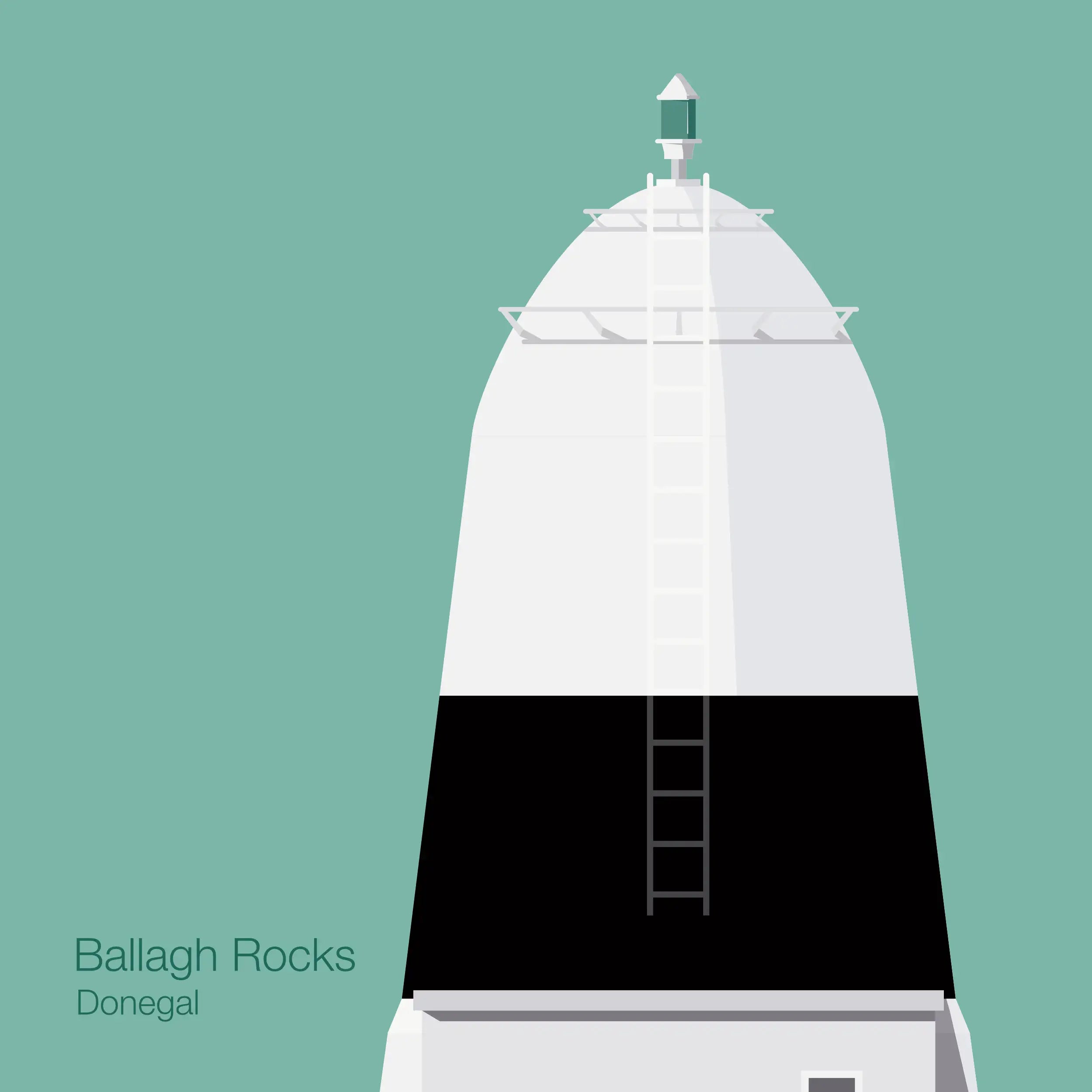 Illustration Ballagh Rocks lighthouse on an ocean green background